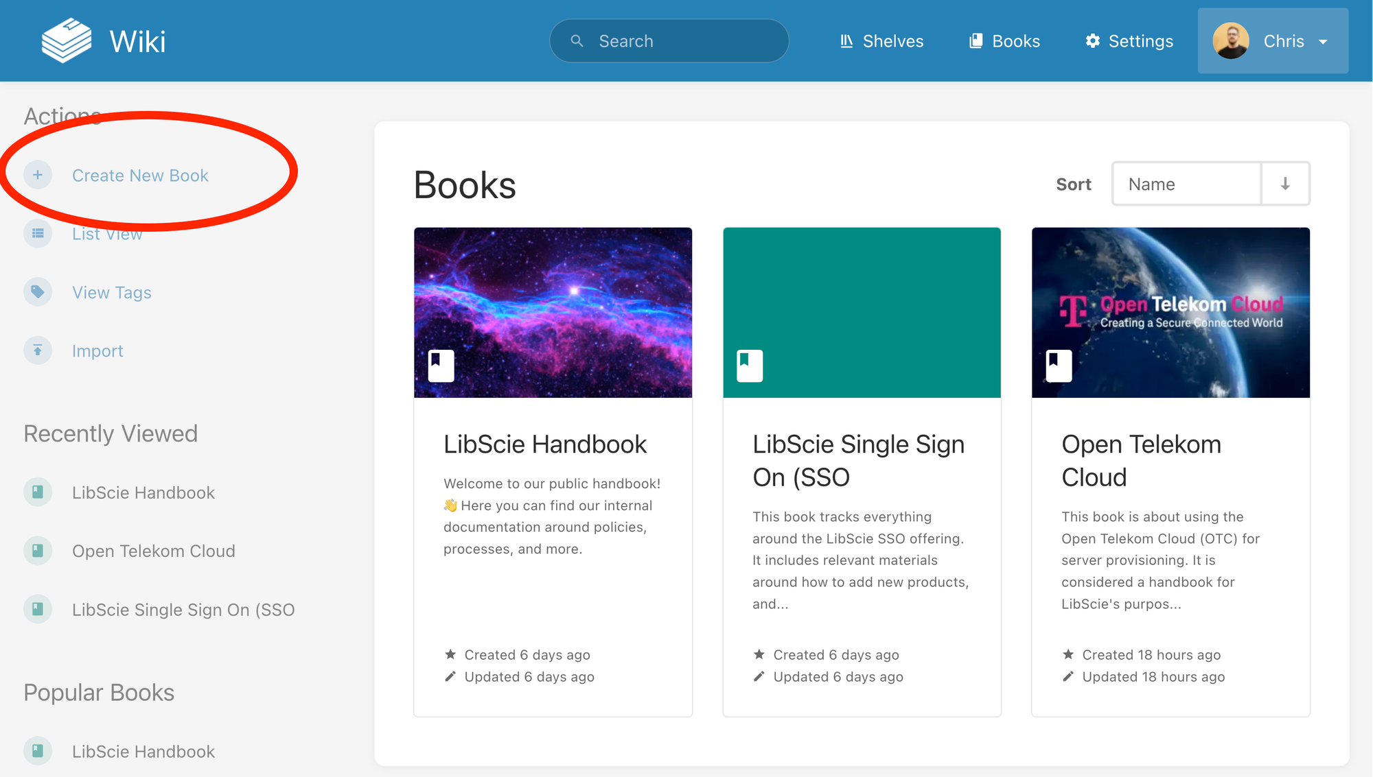A screenshot of the Wiki service, when logged in. The books page is displayed, with the action of "Create New Book" marked up in a red circle.
